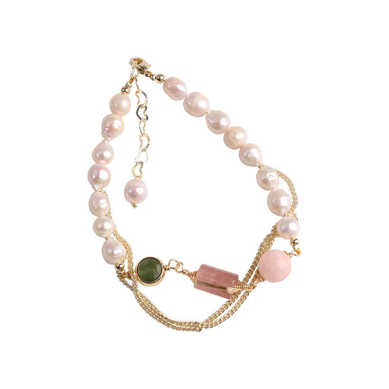 Geometric freshwater pearl bracelet with strawberry crystal accents in pink UG309 colour