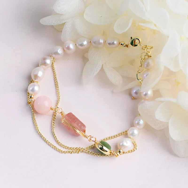 Geometric freshwater pearl bracelet with strawberry crystal accents in pink UG309 colour