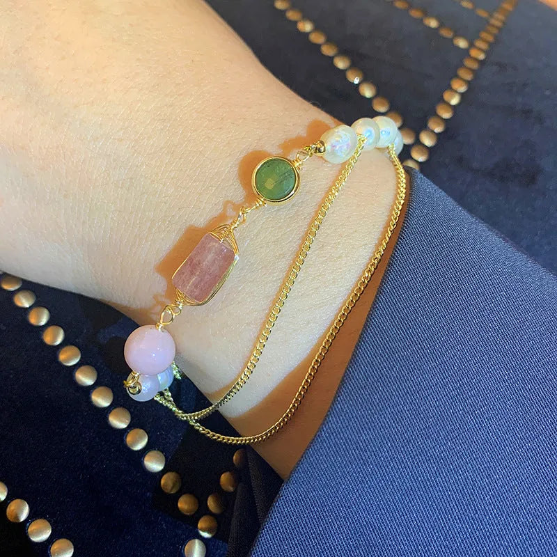 Geometric freshwater pearl bracelet with strawberry crystal accents in pink UG309 colour