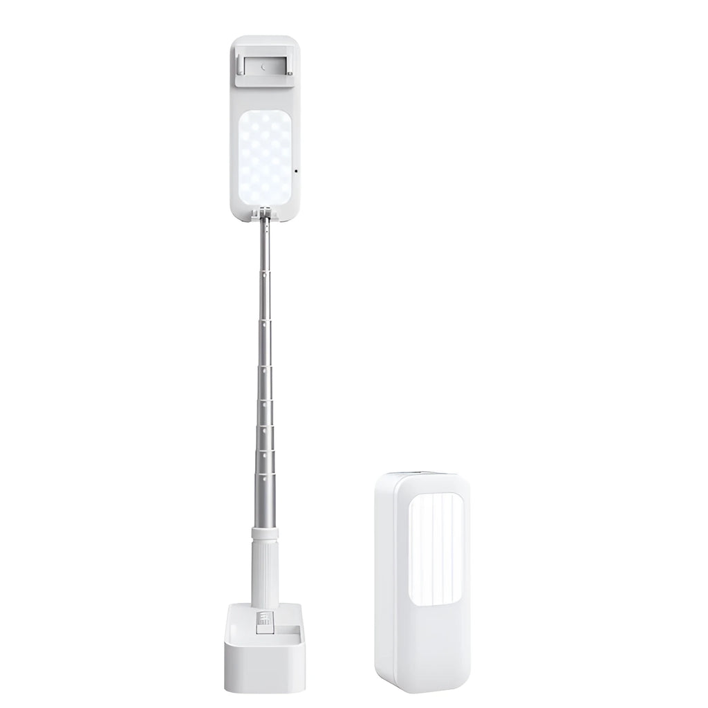 White wireless retractable fill light bracket for smartphone on a desk with LED lighting