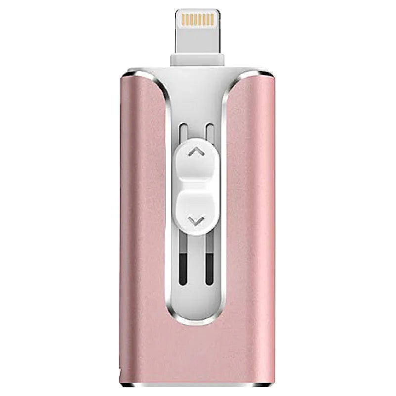 Metal USB flash drive with both USB A and Lightning connectors shown in black, silver, gold, and rose gold colours.