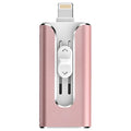 Metal USB flash drive with both USB A and Lightning connectors shown in black, silver, gold, and rose gold colours.