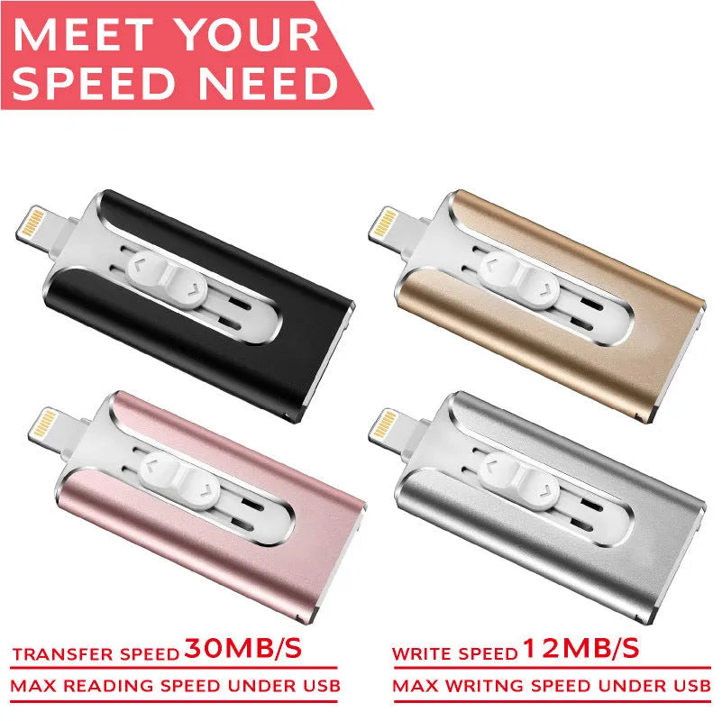 Metal USB flash drive with both USB A and Lightning connectors shown in black, silver, gold, and rose gold colours.