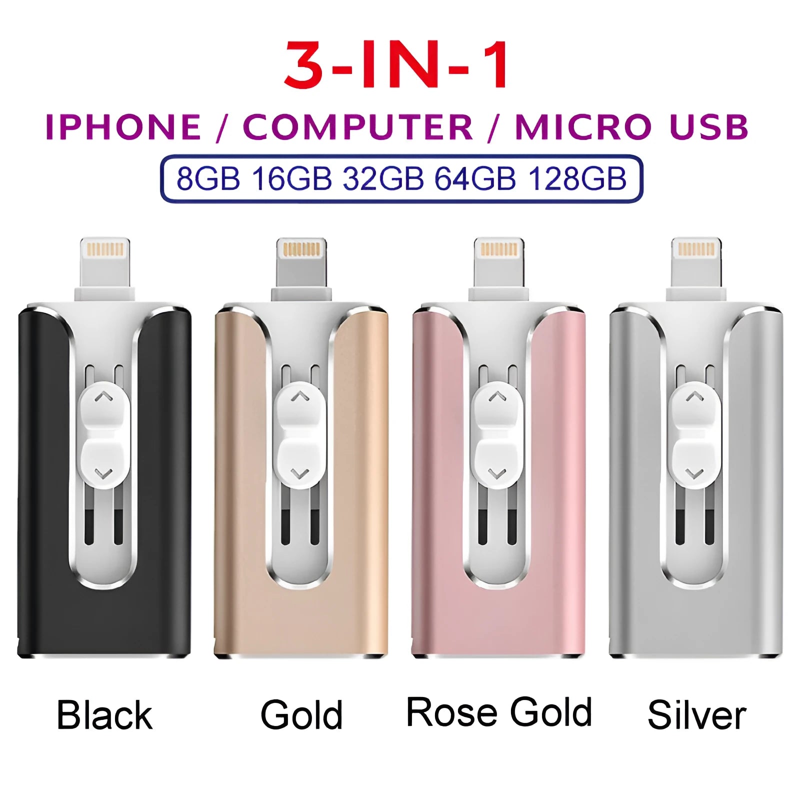 Metal USB flash drive with both USB A and Lightning connectors shown in black, silver, gold, and rose gold colours.
