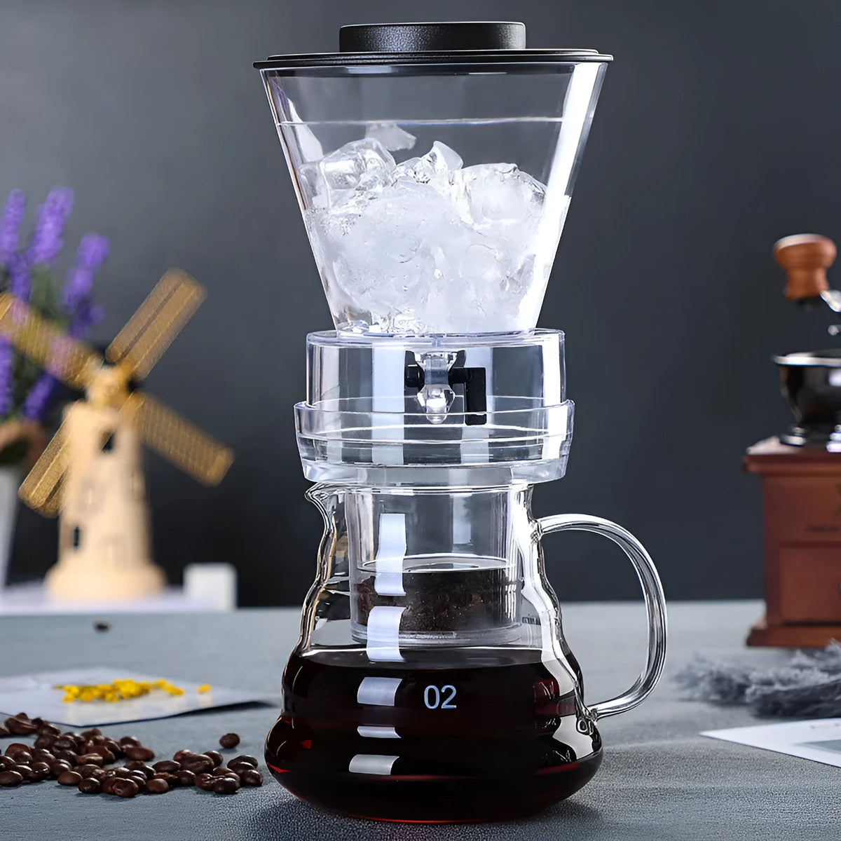 Glass ice drip coffee pot for cold brew coffee, drip type ice brew coffee sharing pot in New Chinese style