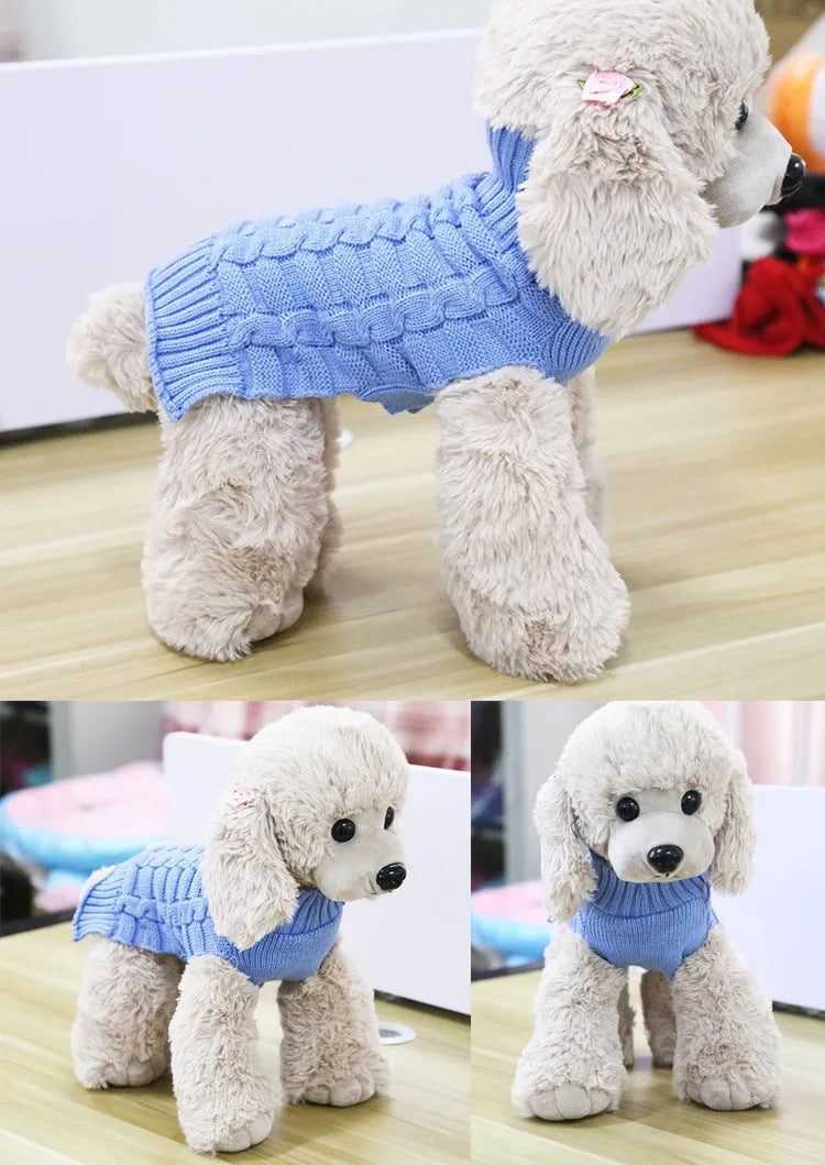 Wool twisted rope pattern dog sweater shown in multiple colours and sizes
