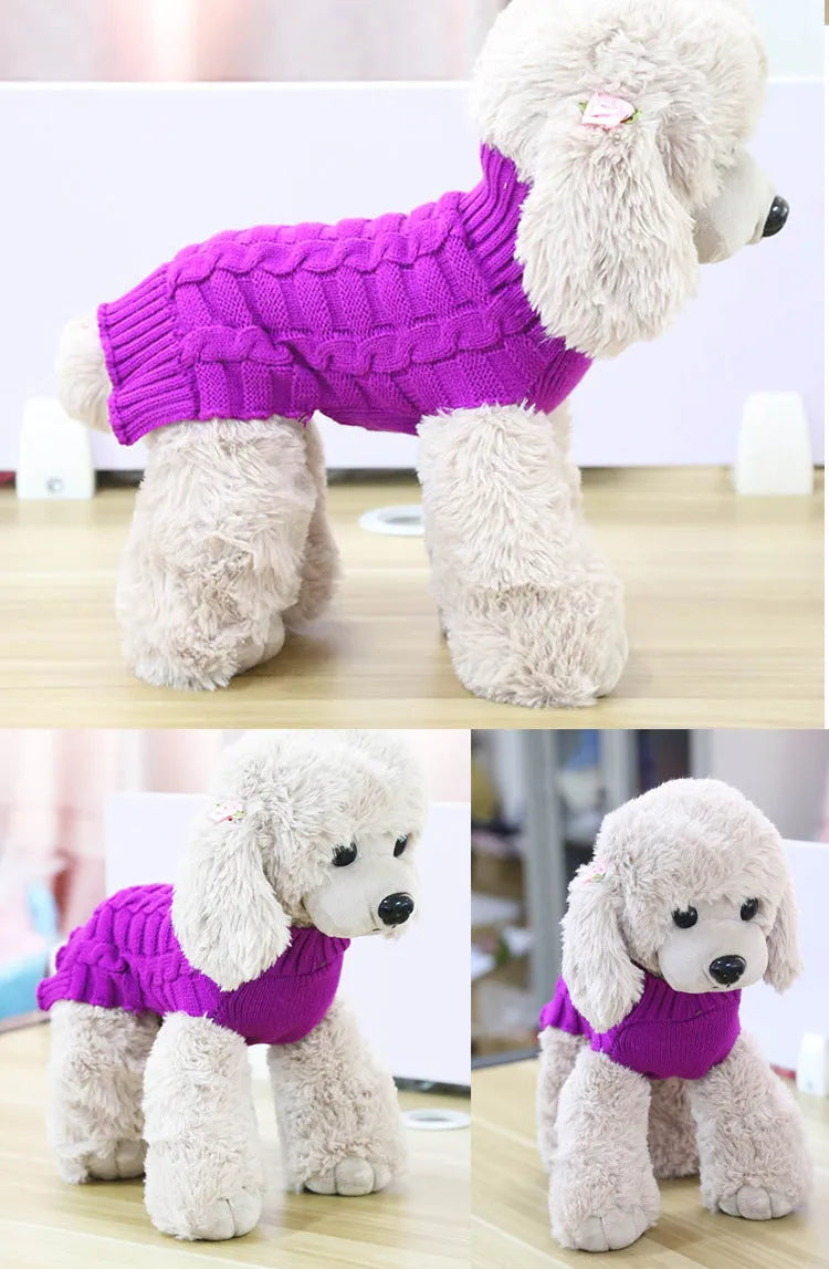 Wool twisted rope pattern dog sweater shown in multiple colours and sizes