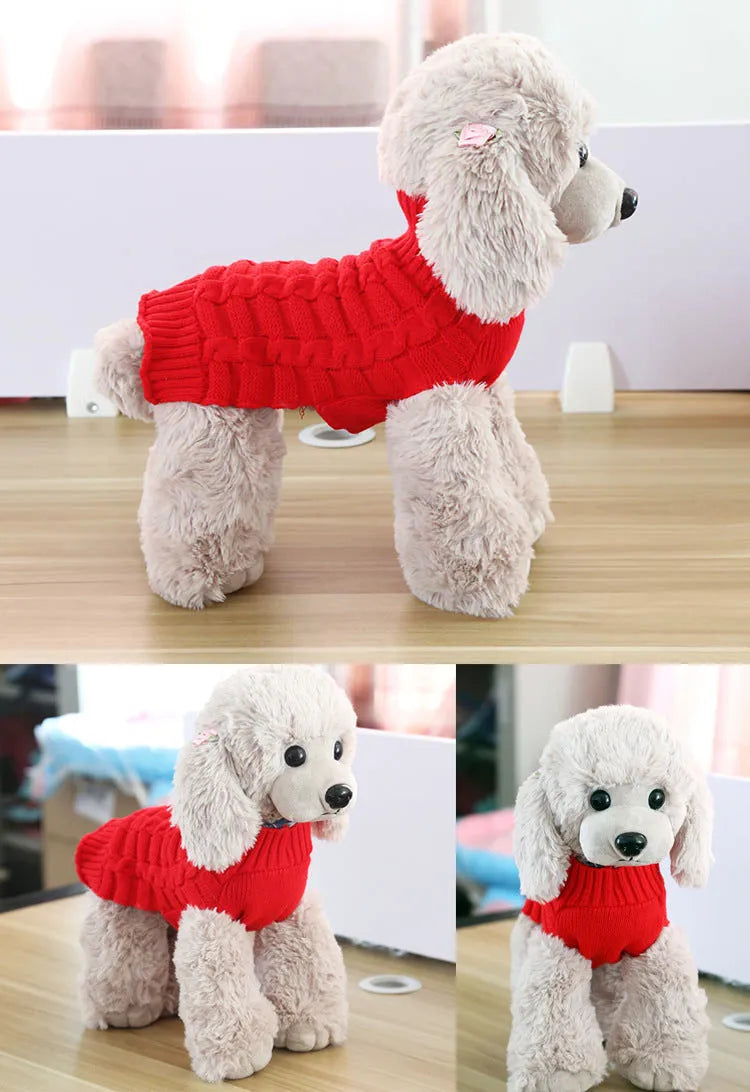 Wool twisted rope pattern dog sweater shown in multiple colours and sizes