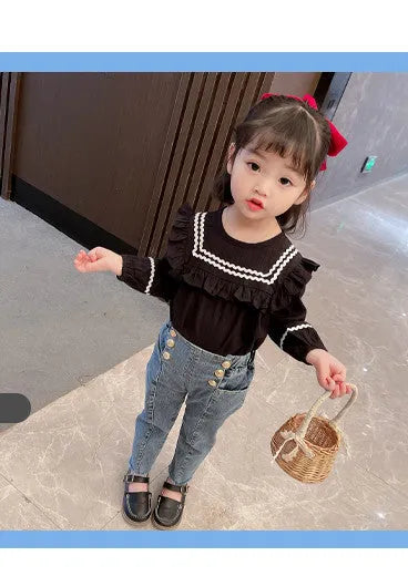 Girls cotton plain casual long-sleeve top and trousers set with doll collar in white on child