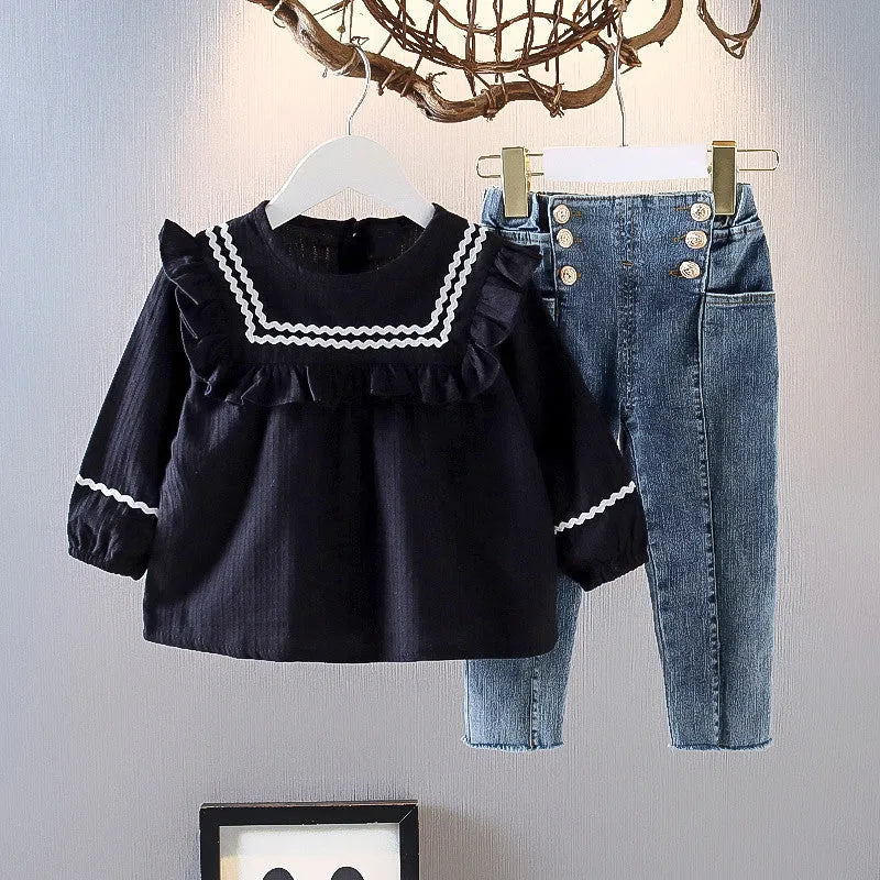 Girls cotton plain casual long-sleeve top and trousers set with doll collar in white on child