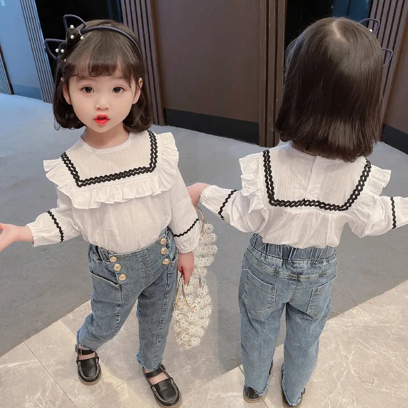 Girls cotton plain casual long-sleeve top and trousers set with doll collar in white on child