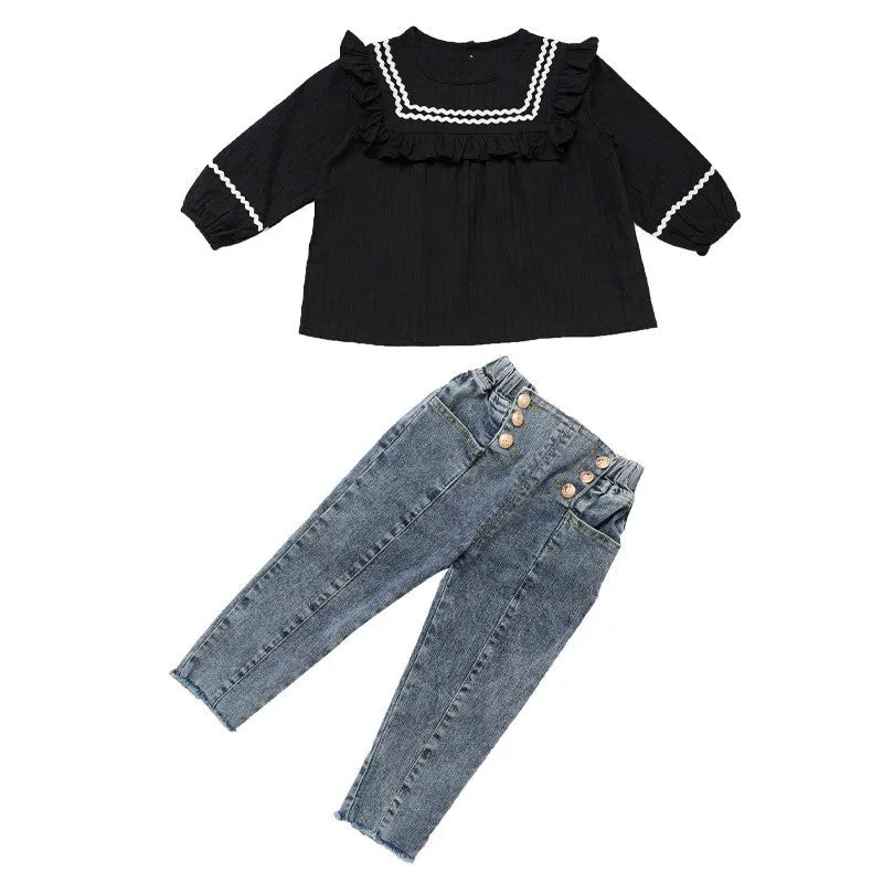 Girls cotton plain casual long-sleeve top and trousers set with doll collar in white on child
