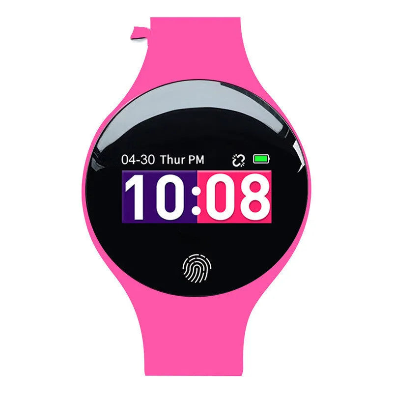 Bluetooth smart watch with vibrating alarm and pedometer on wrist showing 0.66-inch screen