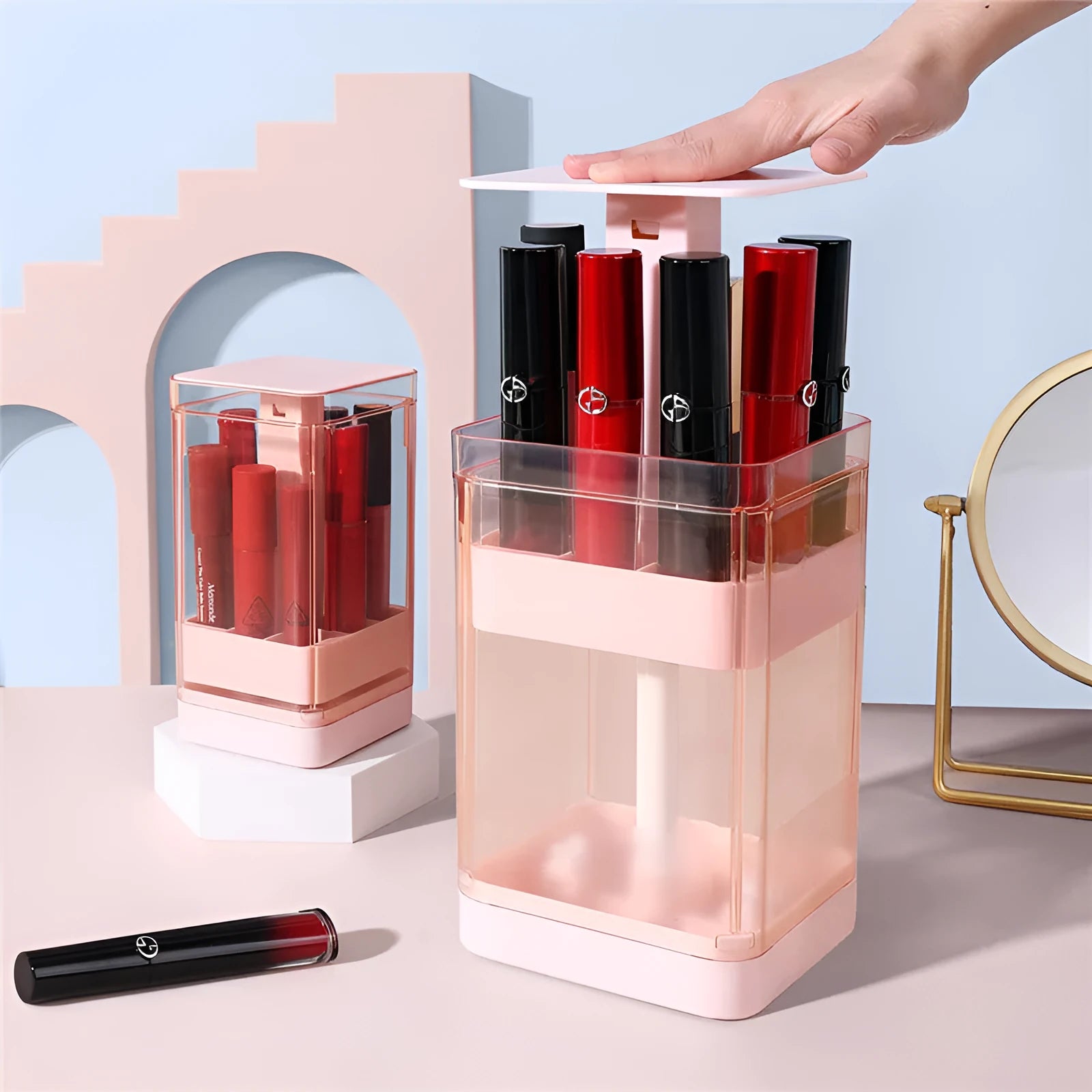 Press lift lipstick storage box with clear compartments and dust-proof cover in white or pink