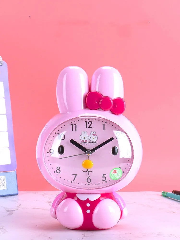 Cute cartoon Rabbit Voice Clock in pink with mute sweep second hand, dual music alarm, snooze and night light