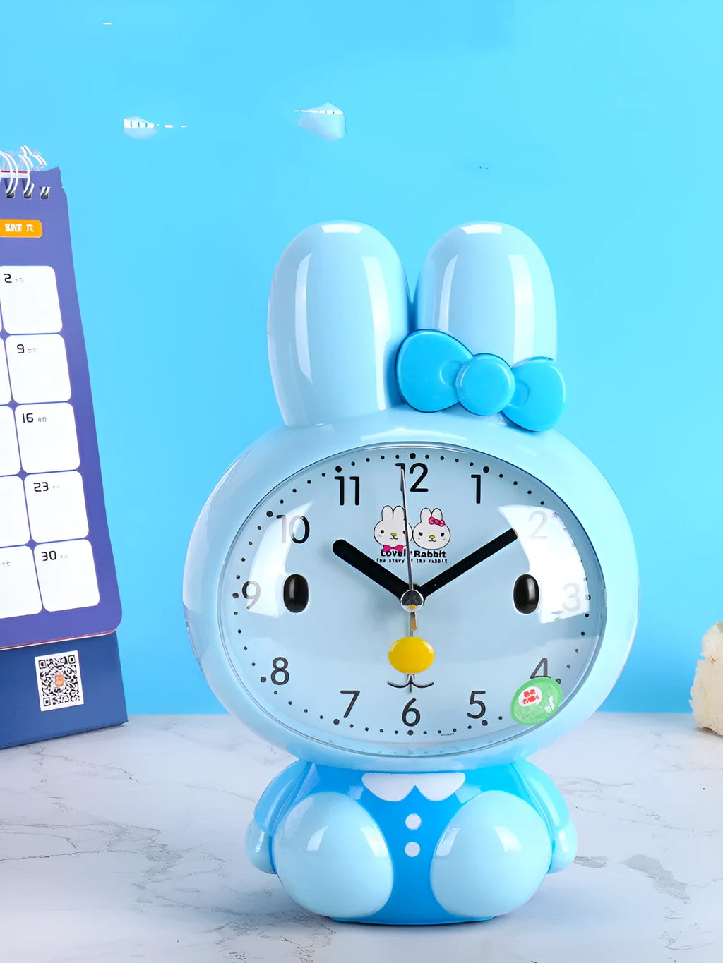 Cute cartoon Rabbit Voice Clock in pink with mute sweep second hand, dual music alarm, snooze and night light