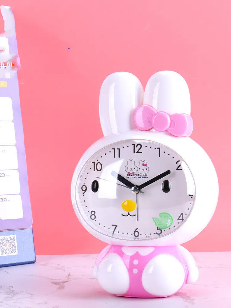 Cute cartoon Rabbit Voice Clock in pink with mute sweep second hand, dual music alarm, snooze and night light