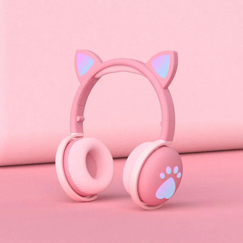 Luminous cat ear Bluetooth headset with rainbow light effect in pink colour