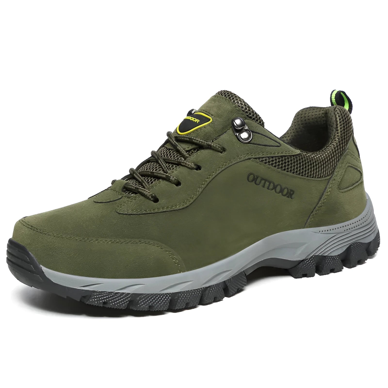 Men's army green low-cut hiking shoes with mesh upper on a neutral background.
