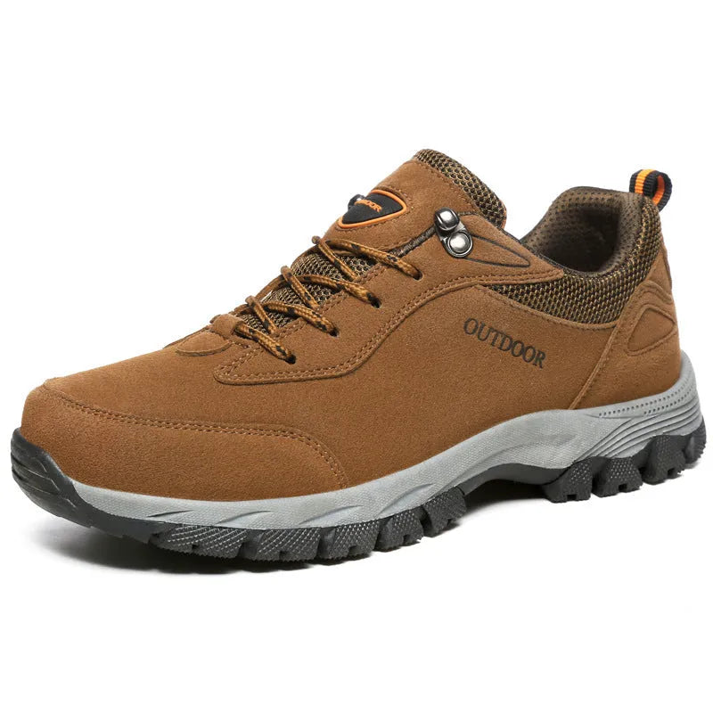 Men's army green low-cut hiking shoes with mesh upper on a neutral background.