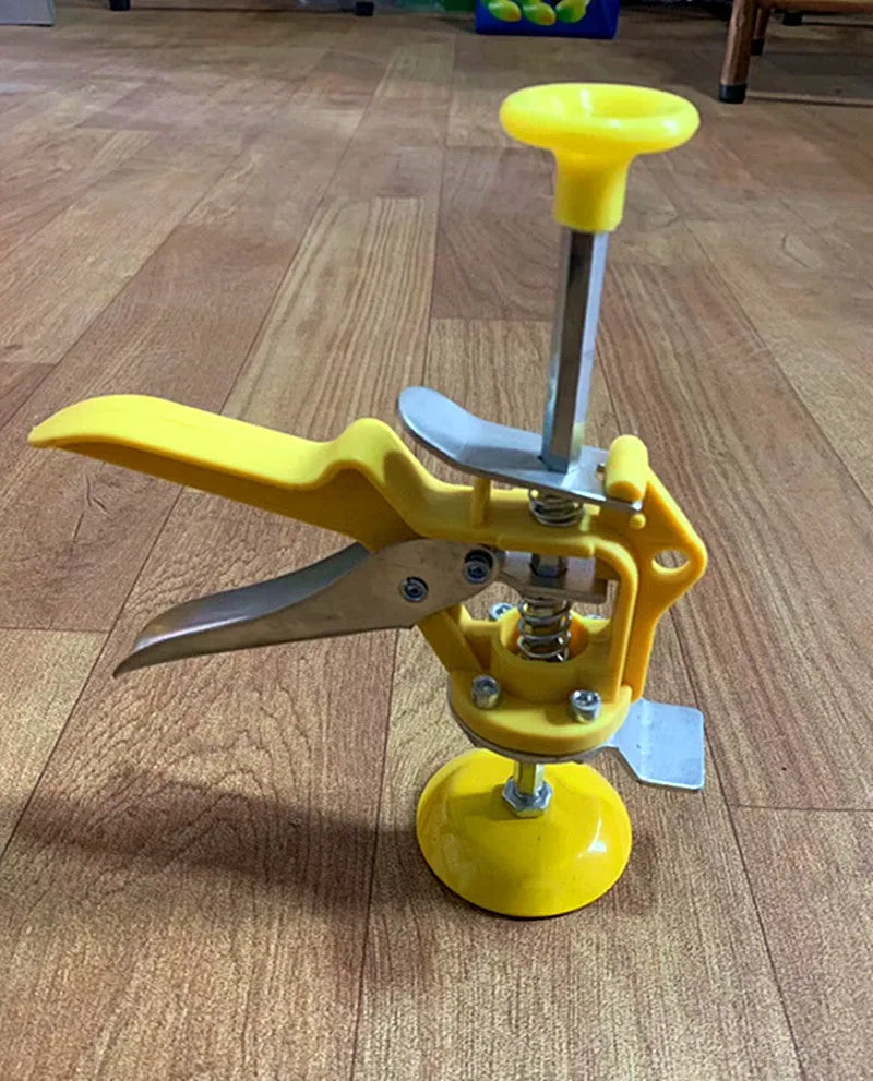 Metal alloy tile raising locator positioner with adjustable height mechanism on a work surface.