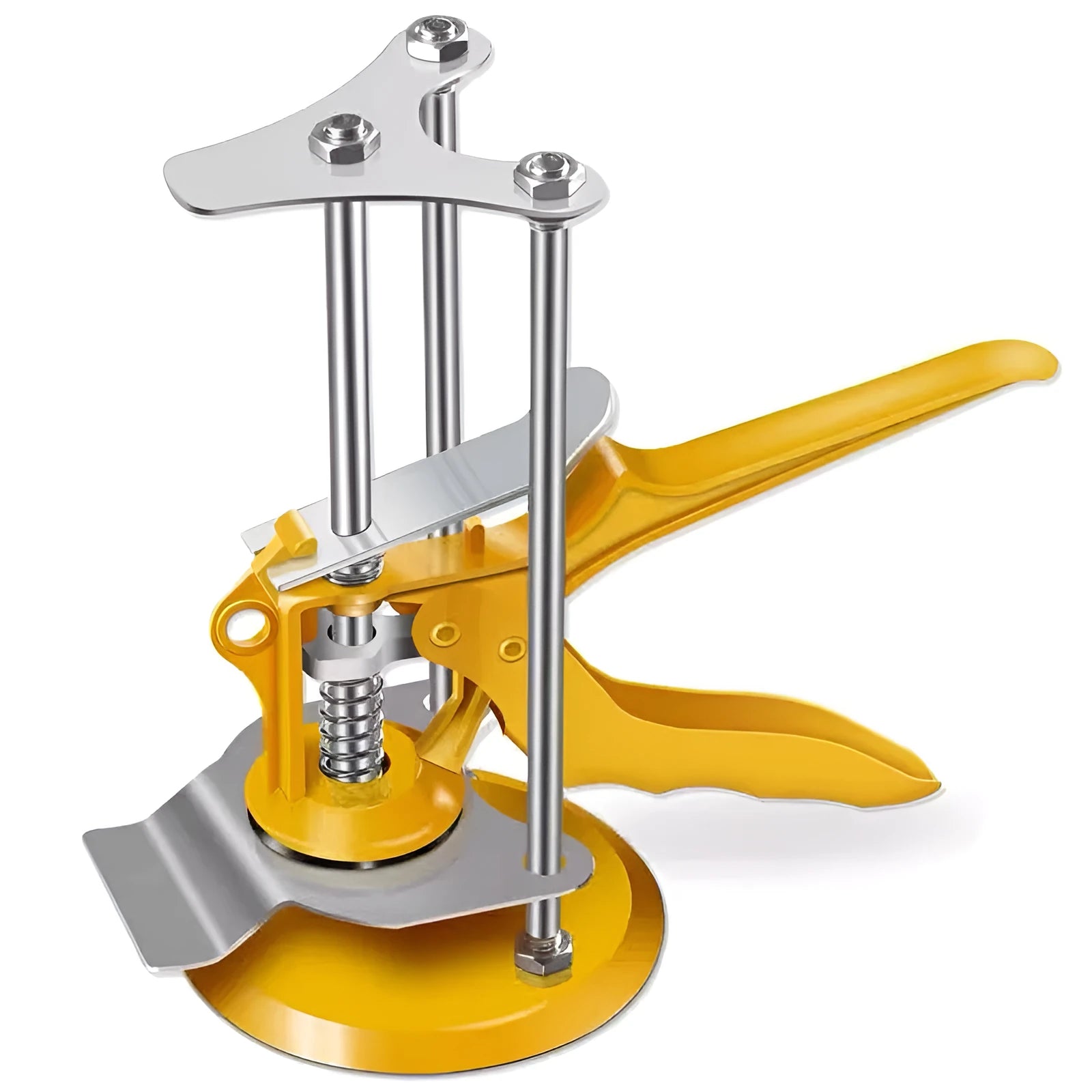 Metal alloy tile raising locator positioner with adjustable height mechanism on a work surface.