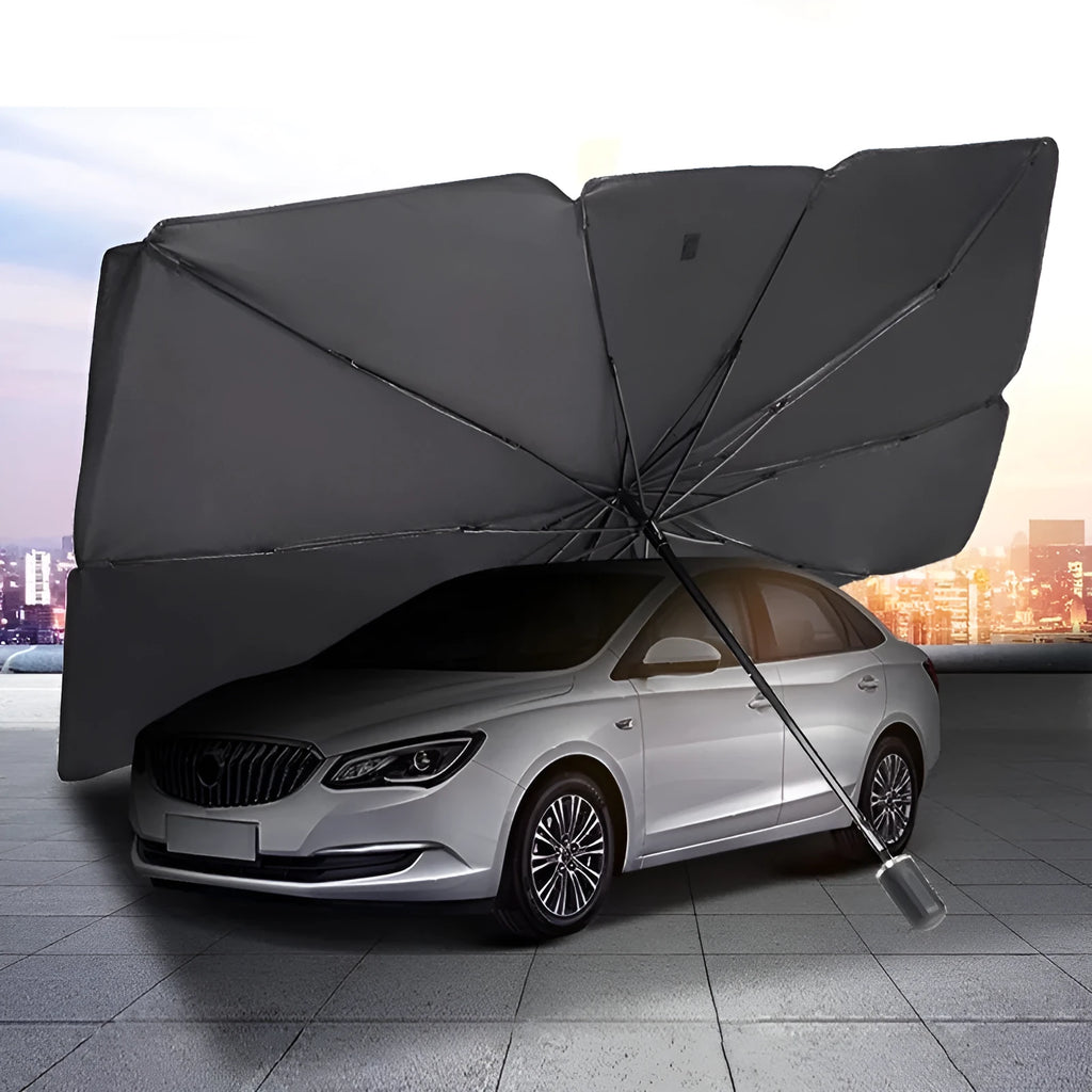 Silver tape car front windscreen sun shade parasol in titanium silver, small or large, with leather case