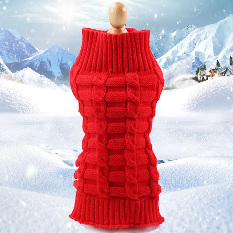Wool twisted rope pattern dog sweater shown in multiple colours and sizes