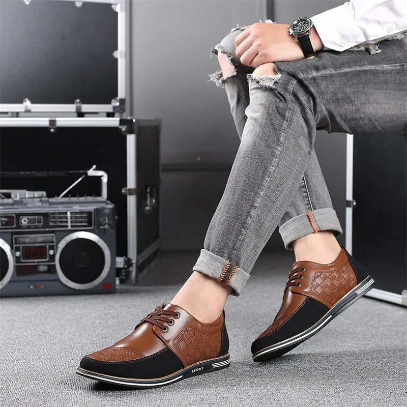 Autumn men's casual lace-up driving shoes in cowhide leather, size 46, brown colour