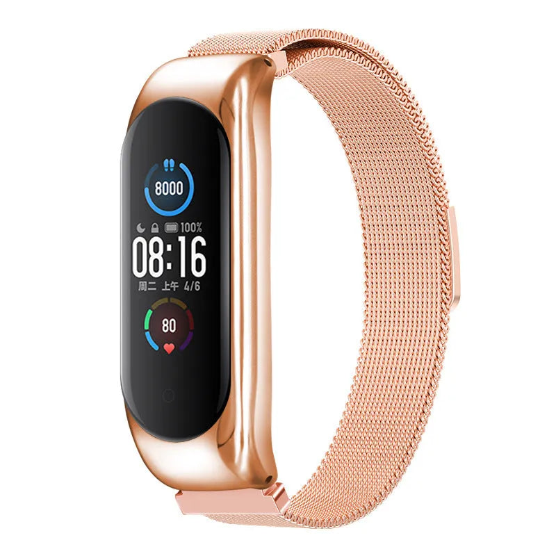 Solid three-bead metal wristband with magnetic buckle for Xiaomi Mi Band 5, 4 and 3 fitness trackers.