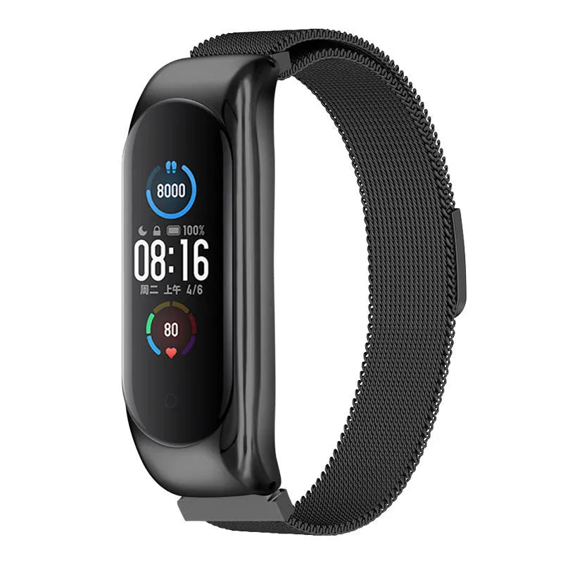 Solid three-bead metal wristband with magnetic buckle for Xiaomi Mi Band 5, 4 and 3 fitness trackers.