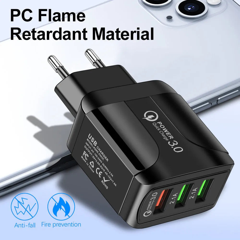 Quick Charge 3.0 travel charger with three USB ports and international plug options