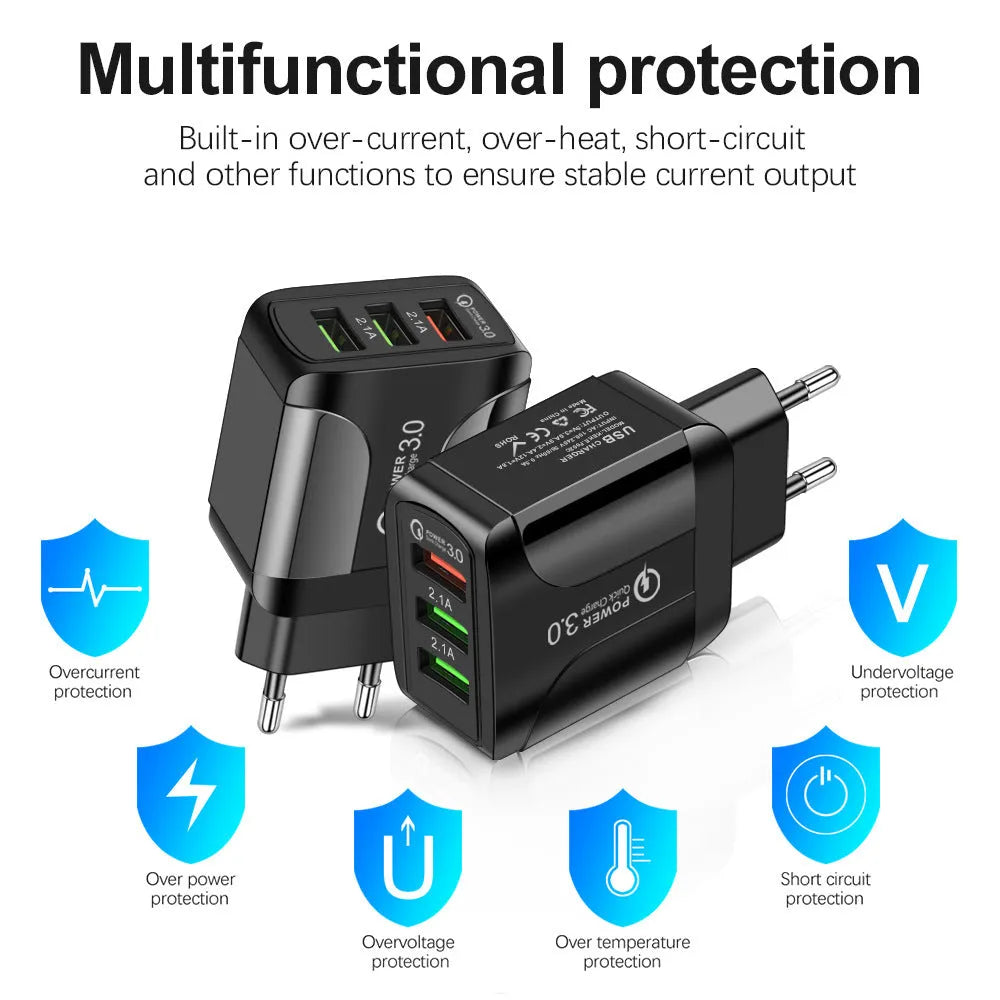 Quick Charge 3.0 travel charger with three USB ports and international plug options
