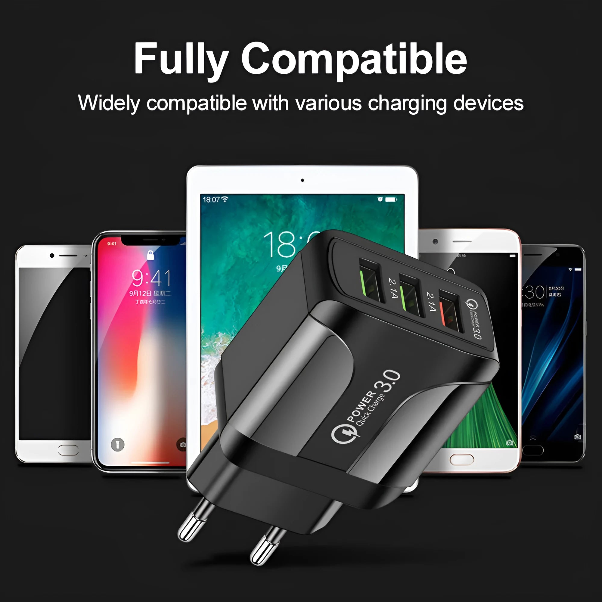 Quick Charge 3.0 travel charger with three USB ports and international plug options