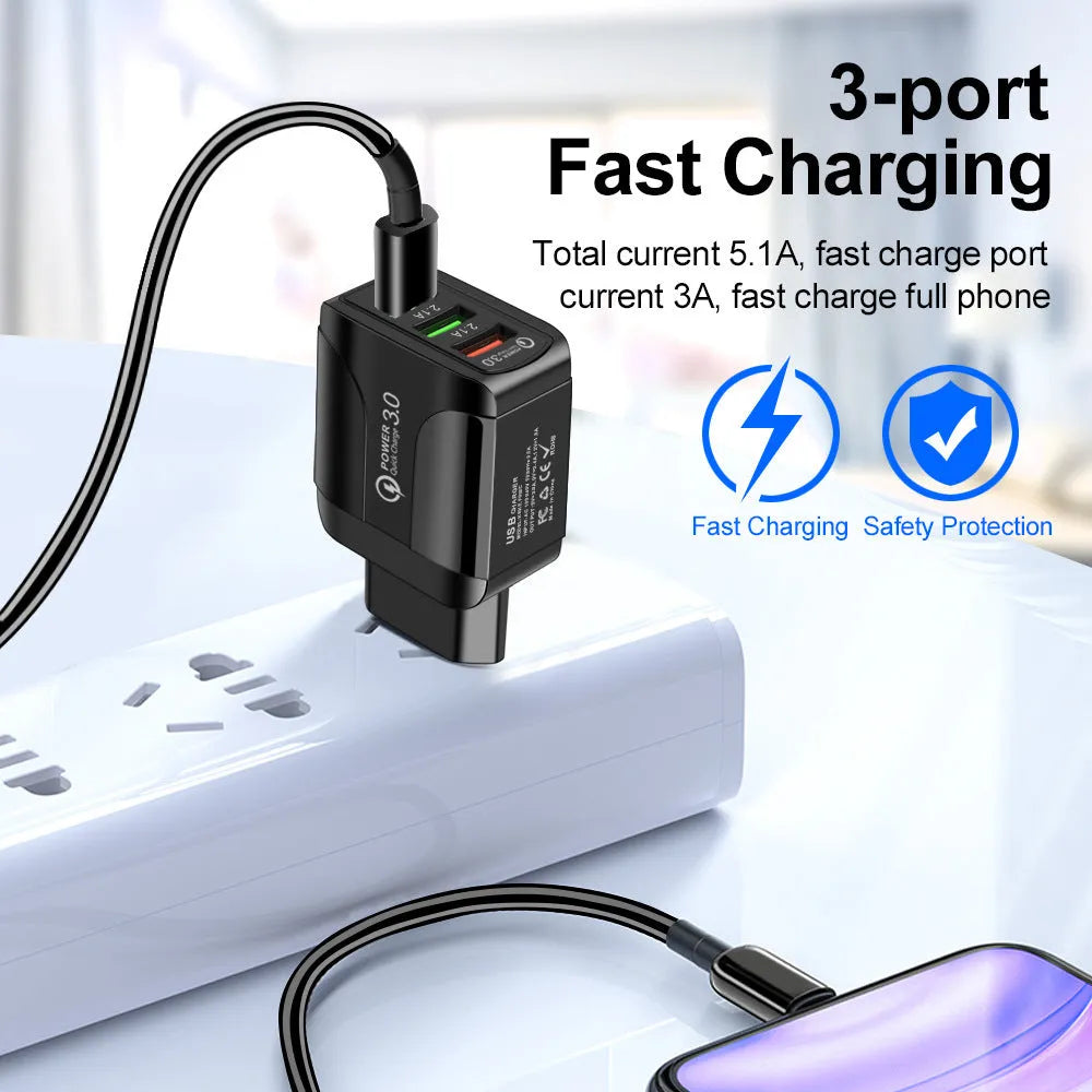 Quick Charge 3.0 travel charger with three USB ports and international plug options