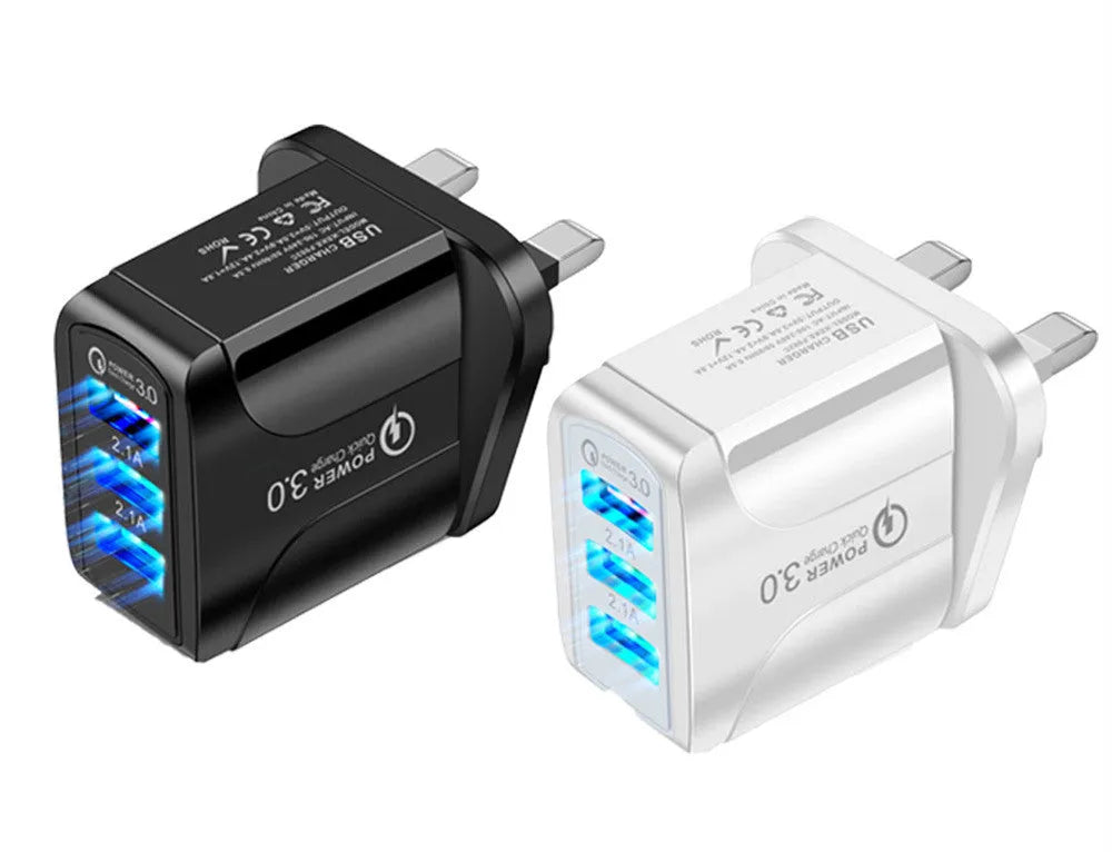 Quick Charge 3.0 travel charger with three USB ports and international plug options