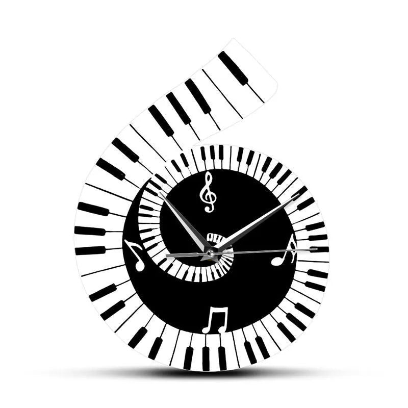 Black and white irregular-shaped wall clock with treble clef and piano keyboard notes design.