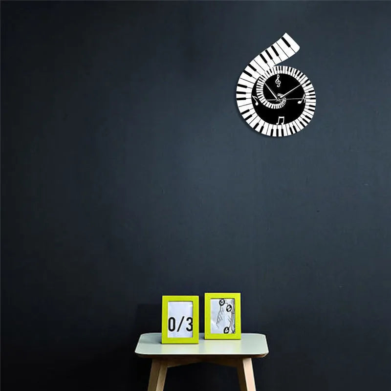 Black and white irregular-shaped wall clock with treble clef and piano keyboard notes design.