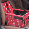 Cloth pet car bag with safety tether shown on a car seat, available in multiple colours and patterns.