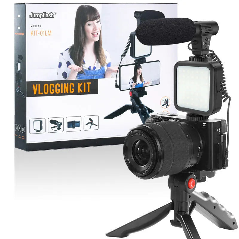 Vlog video shooting kit with tripod and fill light in black, compatible with iPhone for smartphone recording