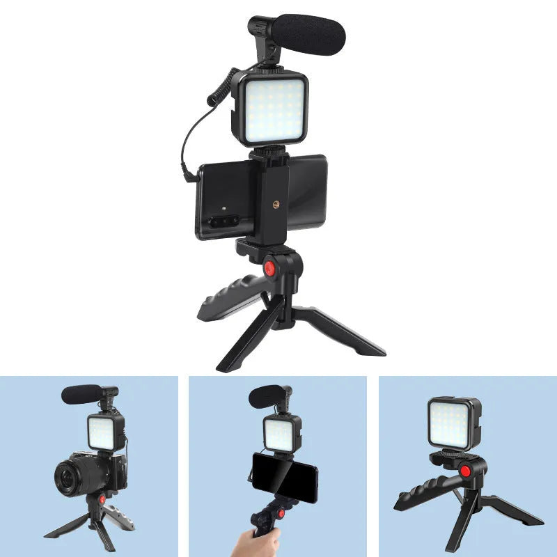 Vlog video shooting kit with tripod and fill light in black, compatible with iPhone for smartphone recording