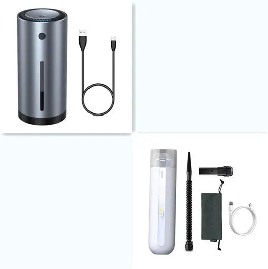 Baseus handheld car vacuum cleaner in black, white, or green next to a dust bin and blowing hose.