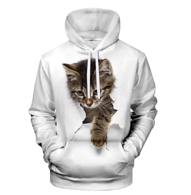 Cute cat hoodie sweatshirt for men and women in white, brown, and blue colours