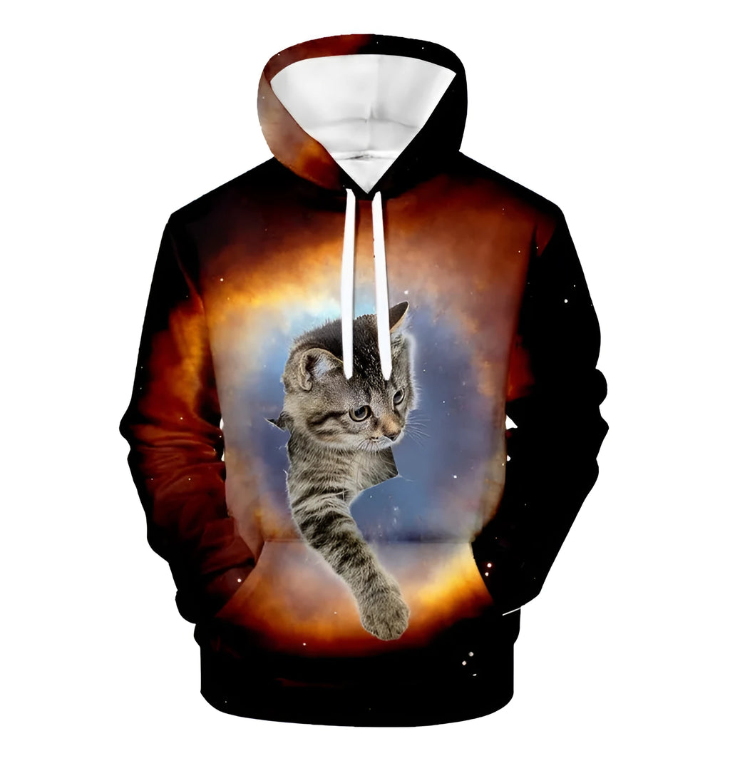 Cute cat hoodie sweatshirt for men and women in white, brown, and blue colours