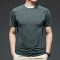 Men's ice silk cotton quick-dry short sleeve training t-shirt in blue on white background.