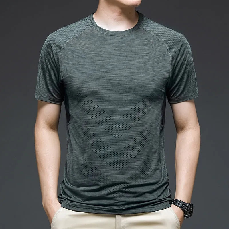 Men's ice silk cotton quick-dry short sleeve training t-shirt in blue on white background.