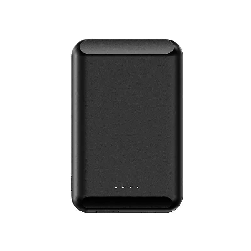 A black magnetic wireless power bank with a 5000mAh capacity, shown attached to a mobile phone.