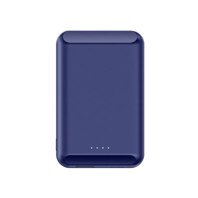 A black magnetic wireless power bank with a 5000mAh capacity, shown attached to a mobile phone.