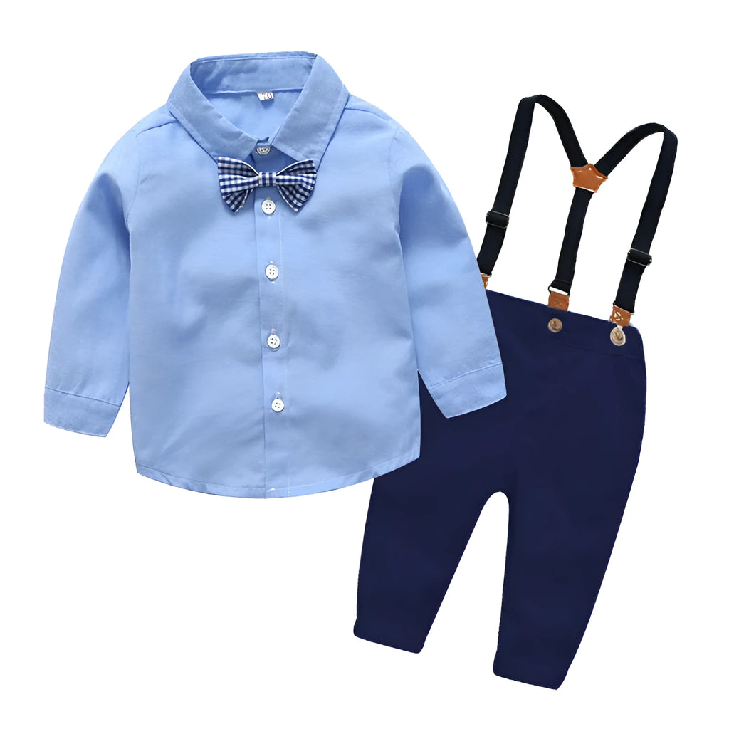 Boys' blue pant suit with bow tie and long sleeves for formal winter occasions