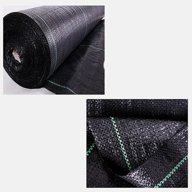 Black polyethylene weed control fabric roll for garden ground cover and greenhouse use.